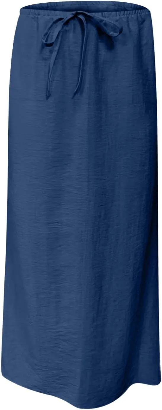 Women's Cotton Linen Skirts Summer Solid Color Elastic Waist Drawstring Skirt Casual Summer Flowy Ankle Length Skirt