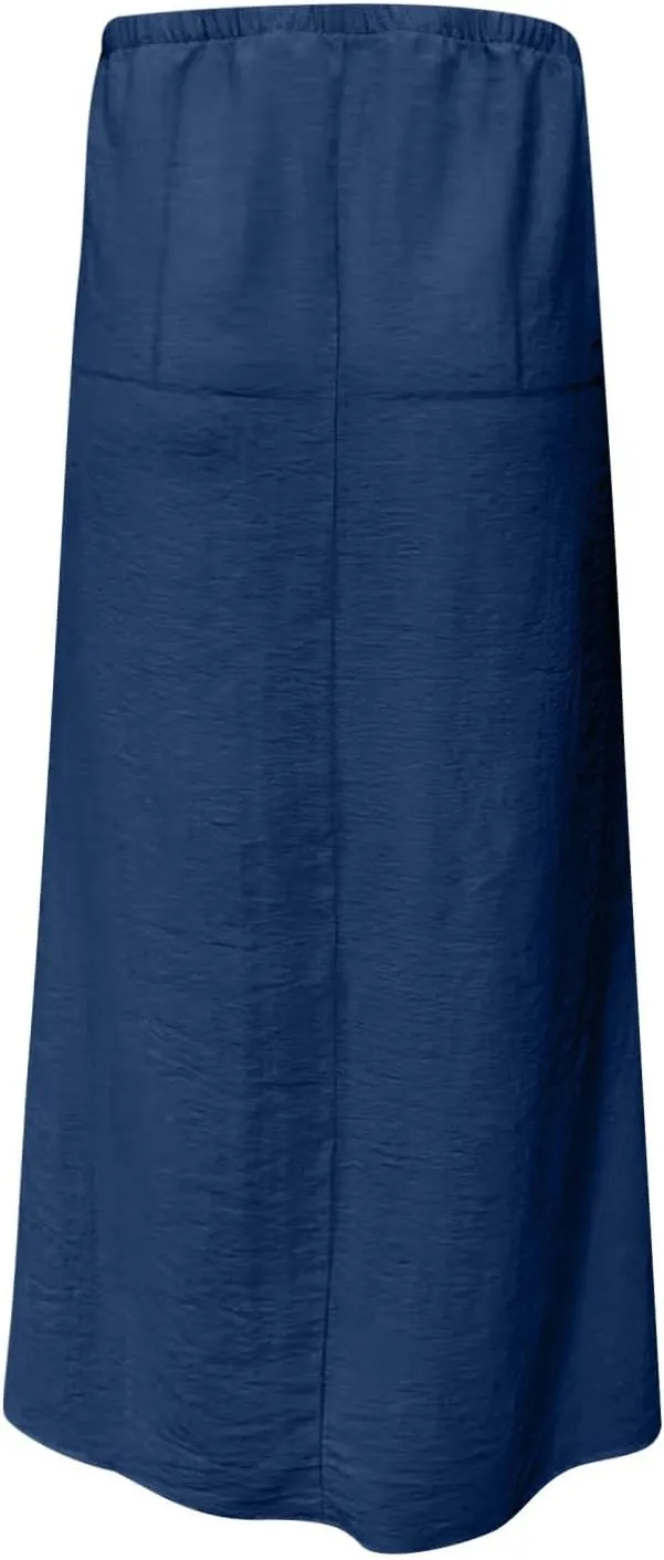 Women's Cotton Linen Skirts Summer Solid Color Elastic Waist Drawstring Skirt Casual Summer Flowy Ankle Length Skirt