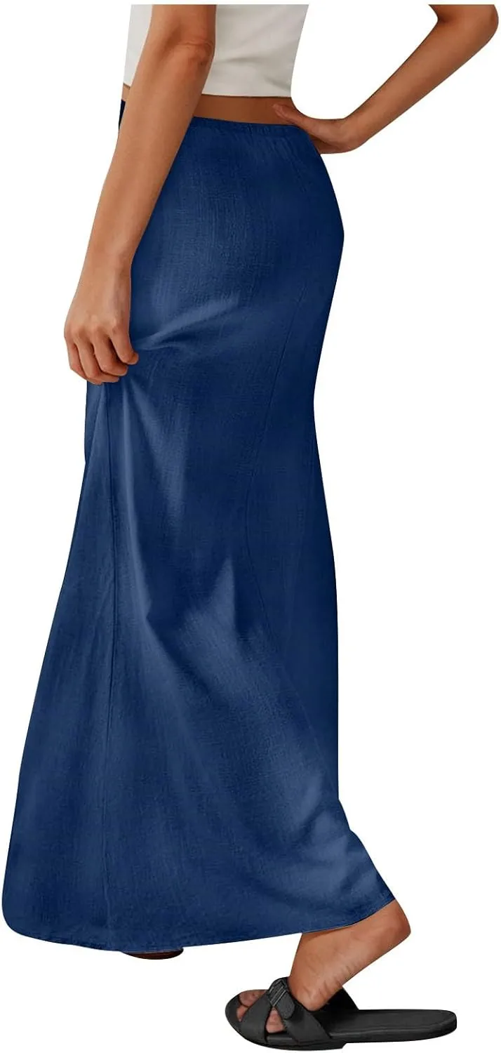 Women's Cotton Linen Skirts Summer Solid Color Elastic Waist Drawstring Skirt Casual Summer Flowy Ankle Length Skirt