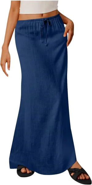 Women's Cotton Linen Skirts Summer Solid Color Elastic Waist Drawstring Skirt Casual Summer Flowy Ankle Length Skirt