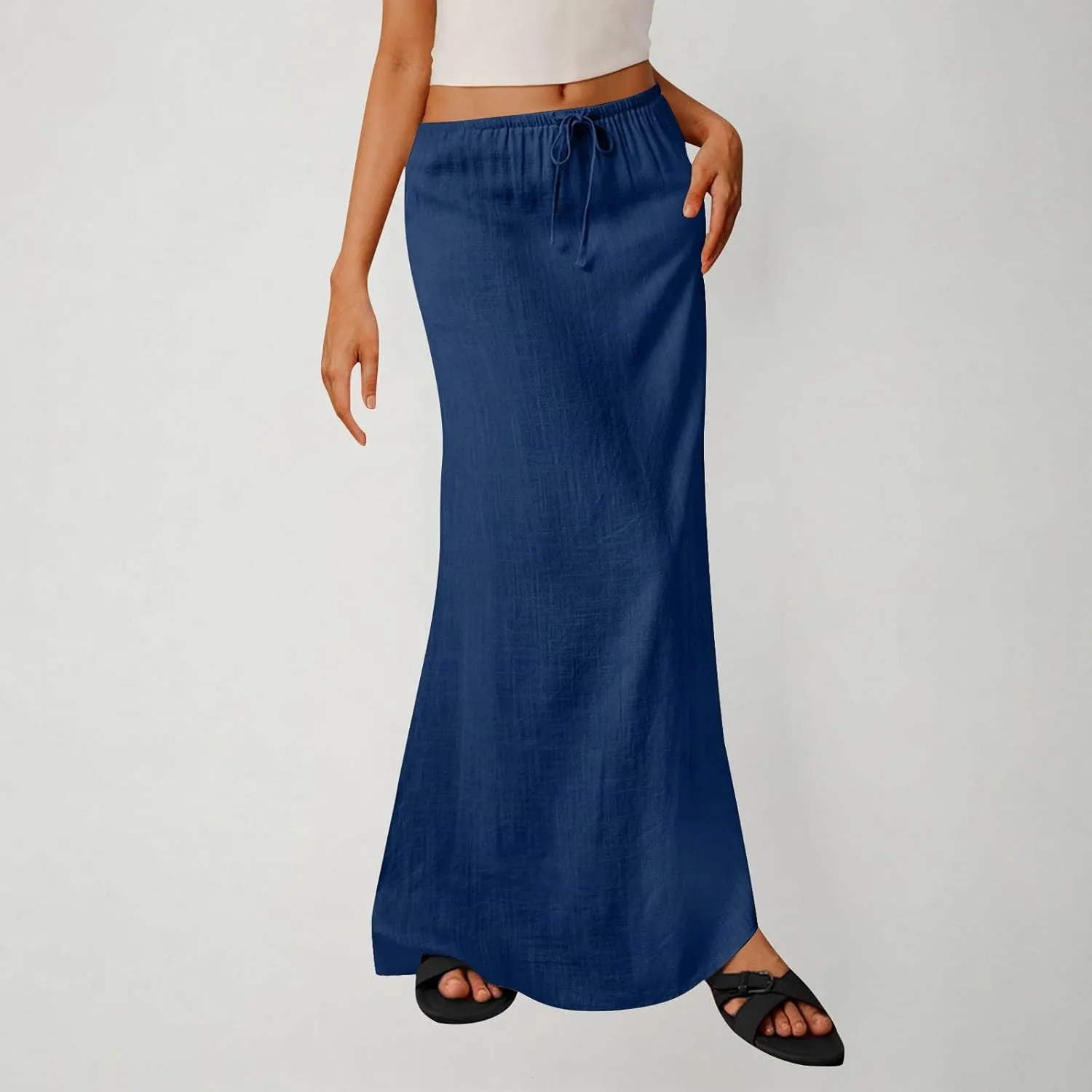 Women's Cotton Linen Skirts Summer Solid Color Elastic Waist Drawstring Skirt Casual Summer Flowy Ankle Length Skirt