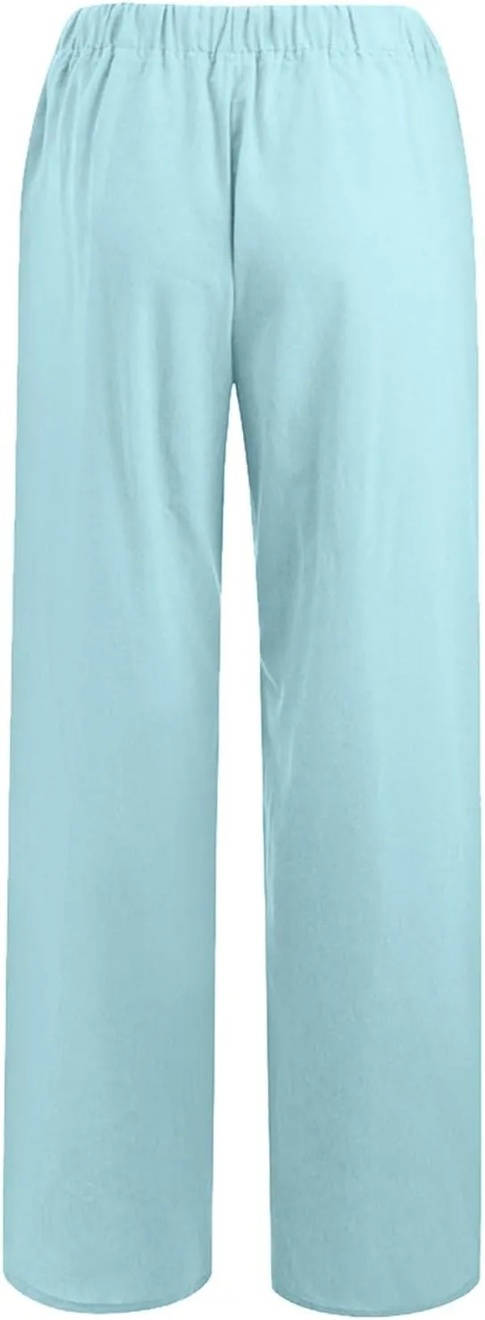 Women's Cotton Linen Summer Print Palazzo Pants Elastic Waisted Straight Plus Size Pant Trousers Vacation