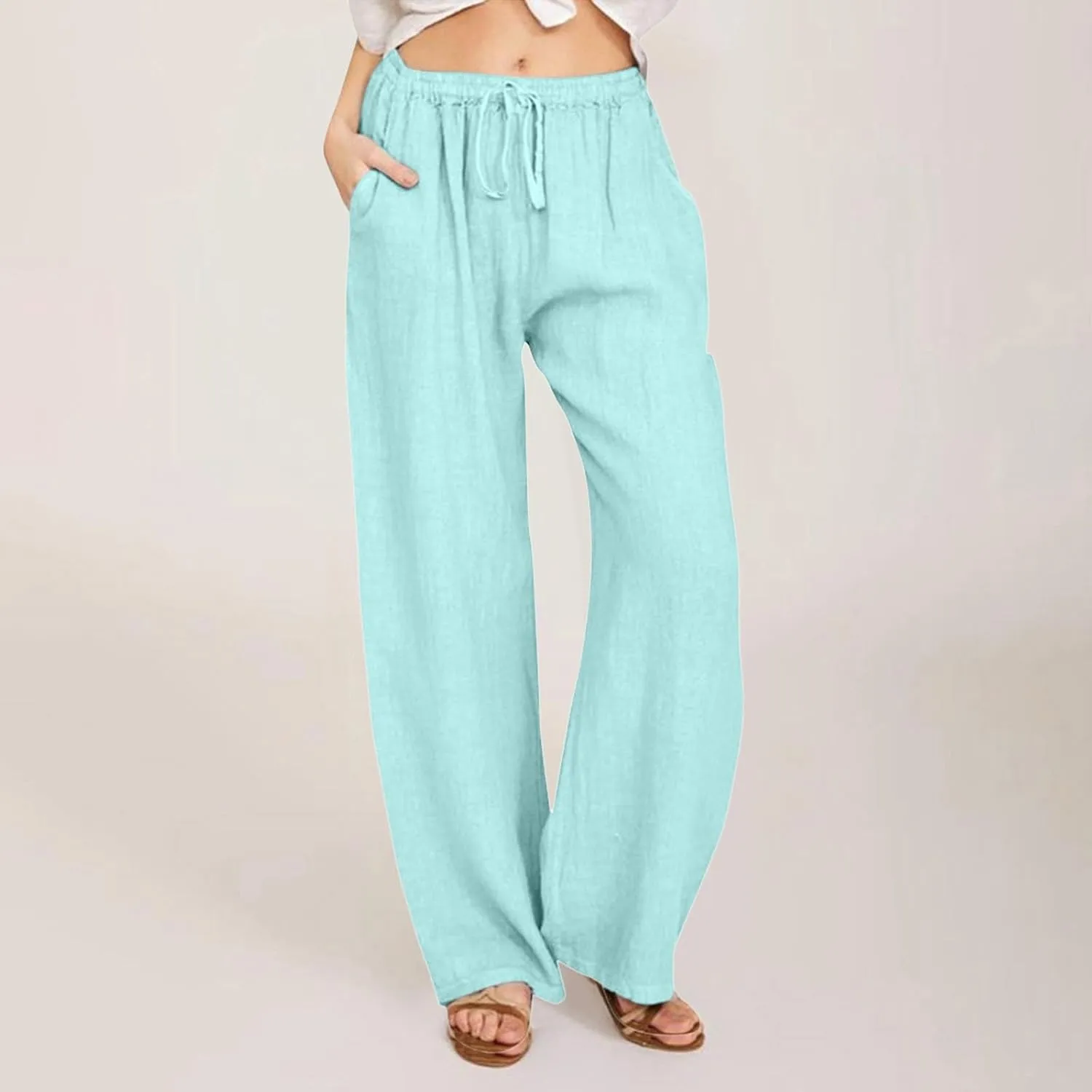 Women's Cotton Linen Summer Print Palazzo Pants Elastic Waisted Straight Plus Size Pant Trousers Vacation