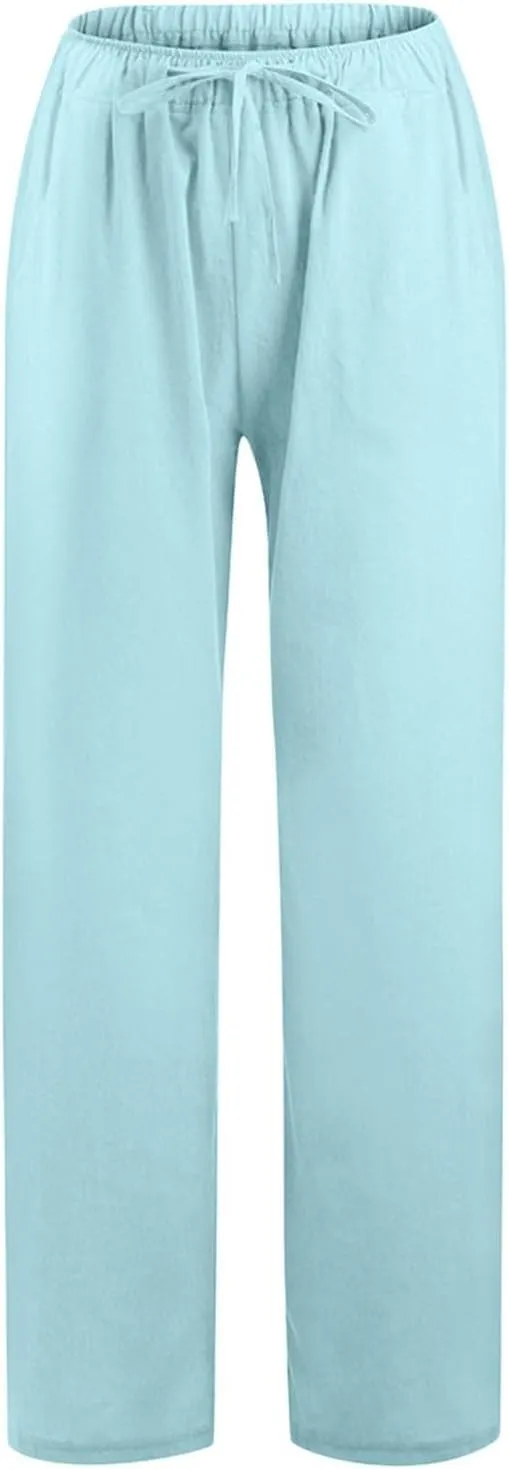 Women's Cotton Linen Summer Print Palazzo Pants Elastic Waisted Straight Plus Size Pant Trousers Vacation