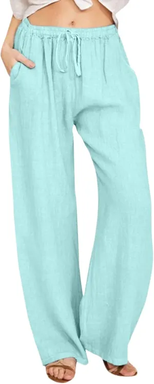 Women's Cotton Linen Summer Print Palazzo Pants Elastic Waisted Straight Plus Size Pant Trousers Vacation