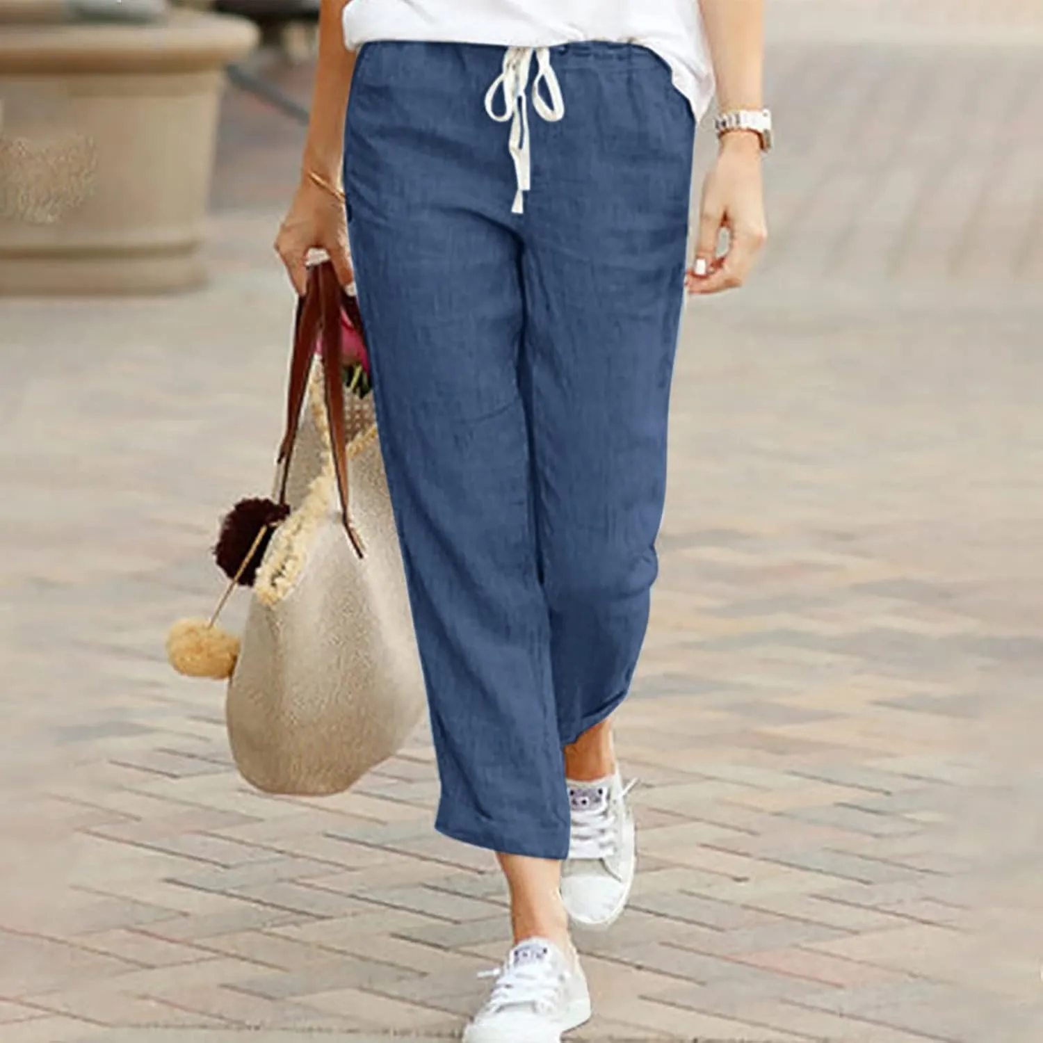 Women's Cotton Linen Summer Split Flowy Pant Trousers High Waist Straight Slim Fit Palazzo Lounge Pants Office