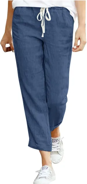 Women's Cotton Linen Summer Split Flowy Pant Trousers High Waist Straight Slim Fit Palazzo Lounge Pants Office