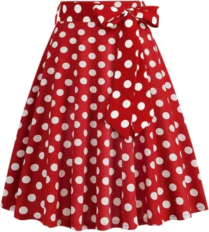 Womens Cute Polka Dot Skirts Elegant Bow Tie Lace-Up Summer Lightweight Comfy A-Line Pleated Midi Skirts