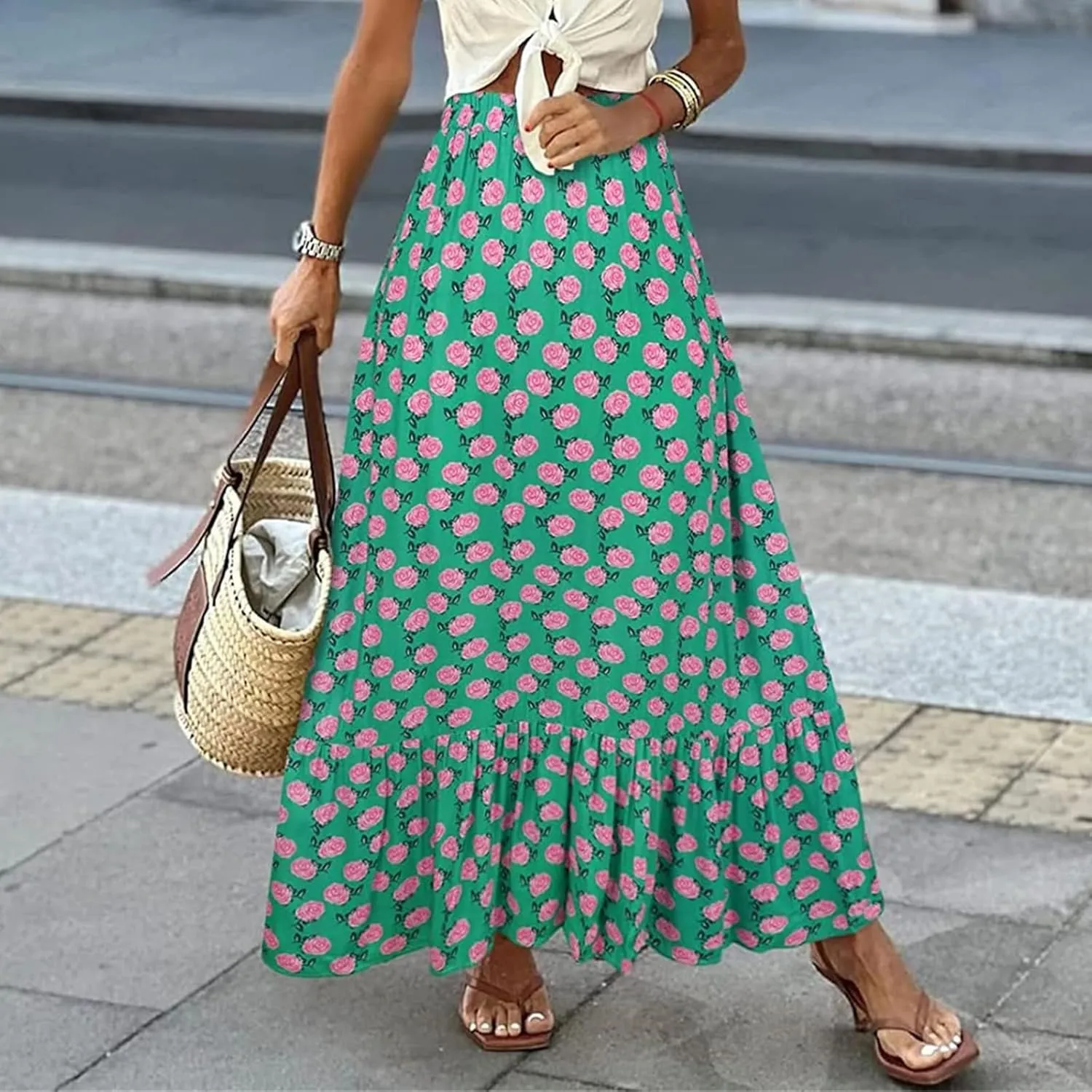 Womens Floral Print Boho Maxi Skirt High Elastic Waist Pleated Flowy Swing A-Line Maxi Skirts Summer Beach Flowy Skirts