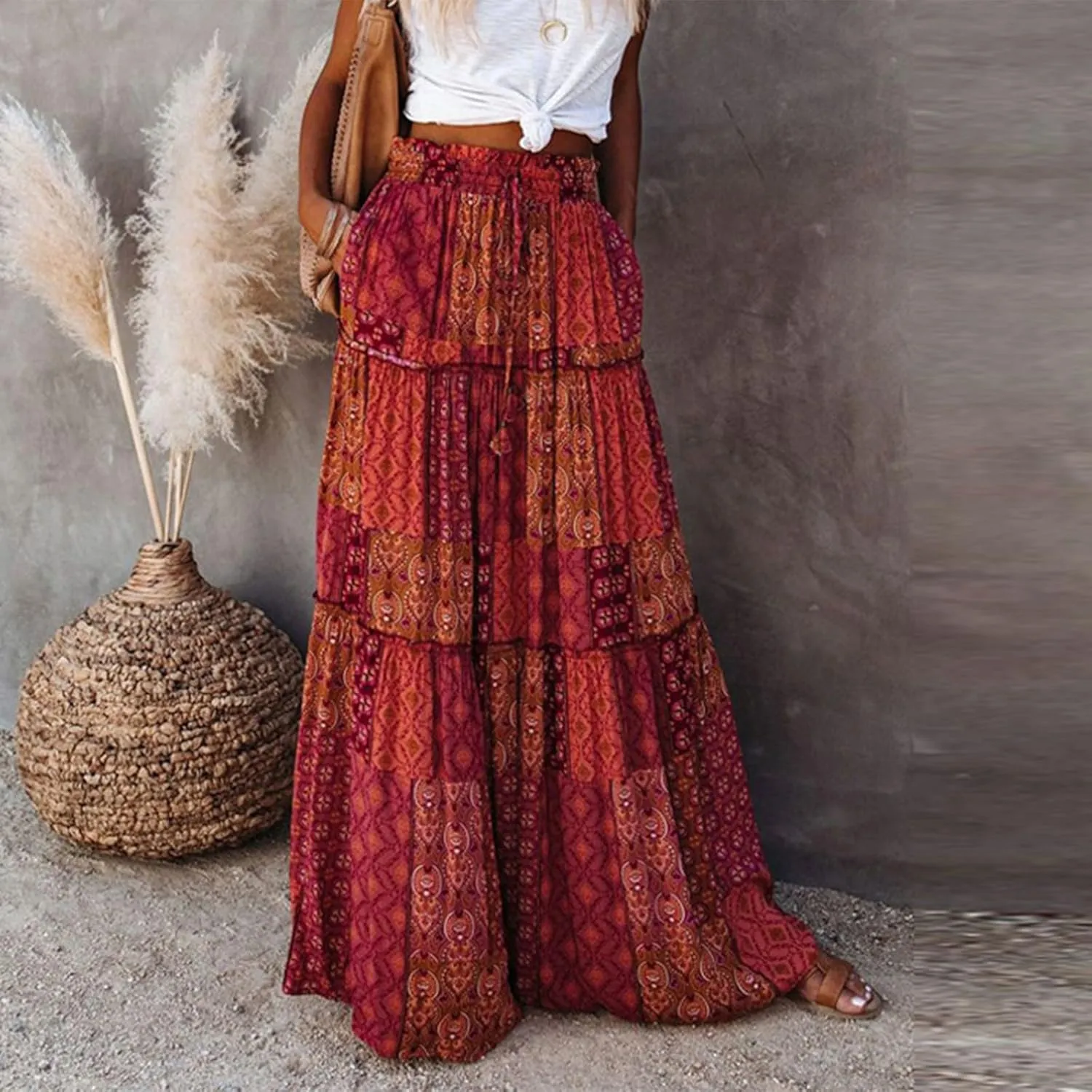 Women's Floral Print Midi Skirts 2025 Summer Aline Elastic High Waist Pleated Flowy Long Skirt Pockets Cute Skirts