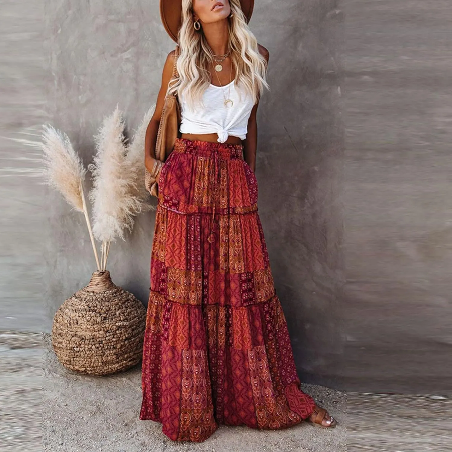 Women's Floral Print Midi Skirts 2025 Summer Aline Elastic High Waist Pleated Flowy Long Skirt Pockets Cute Skirts
