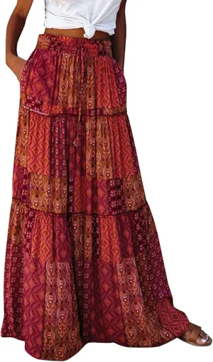 Women's Floral Print Midi Skirts 2025 Summer Aline Elastic High Waist Pleated Flowy Long Skirt Pockets Cute Skirts