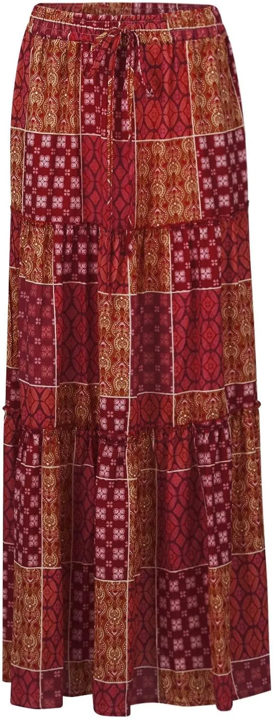 Women's Floral Print Midi Skirts 2025 Summer Aline Elastic High Waist Pleated Flowy Long Skirt Pockets Cute Skirts