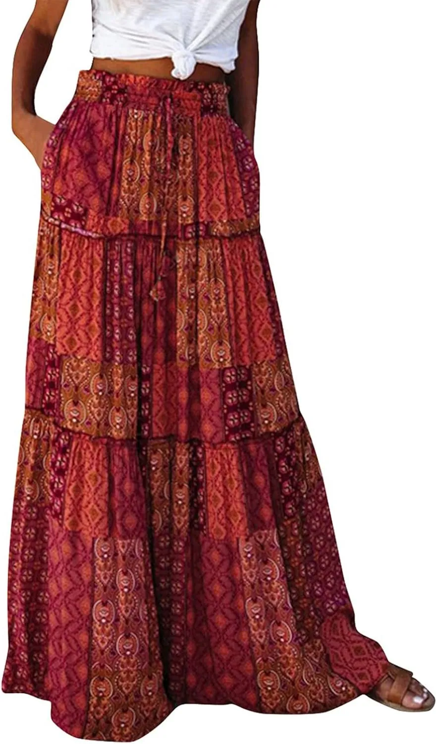 Women's Floral Print Midi Skirts 2025 Summer Aline Elastic High Waist Pleated Flowy Long Skirt Pockets Cute Skirts