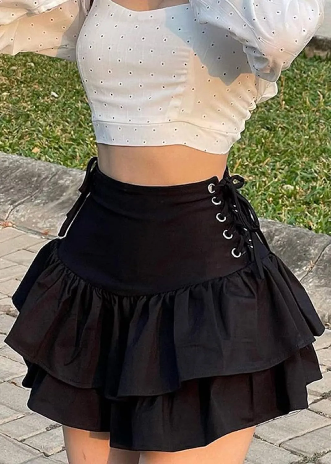 Womens Gothic Skirt Y2k 2000s Girl Mall Goth Punk Skirts High Waist Lace-Up Ruffle Fairy Grunge Mini Skirts