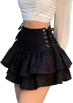 Womens Gothic Skirt Y2k 2000s Girl Mall Goth Punk Skirts High Waist Lace-Up Ruffle Fairy Grunge Mini Skirts