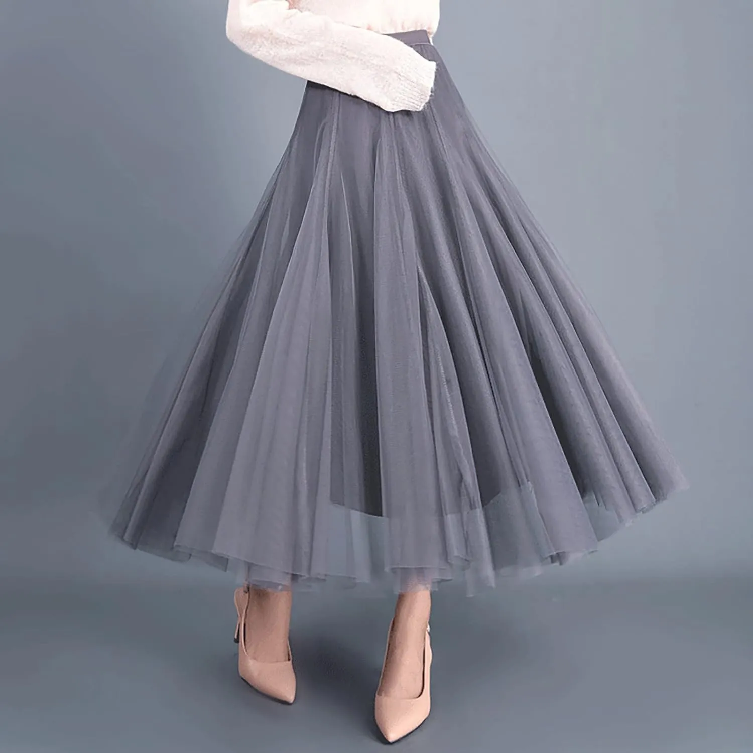 Women's High Waist A Line Skirts Women's Tulle Layered Skirt Mesh Pleated Midi Skirts Draped High Waist Elegant