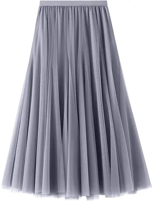 Women's High Waist A Line Skirts Women's Tulle Layered Skirt Mesh Pleated Midi Skirts Draped High Waist Elegant