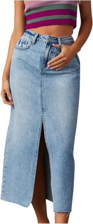 Womens High Waist Denim Skirts Vintage Solid Color Slit Midi Skirts with Pocket Y2K Fashion Jean Skirts