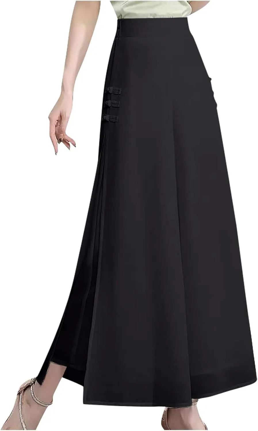 Womens High Waist Wide Leg Trousers Chiffon Palazzo Pants Elastic Waist Culott Dresses Business Pants