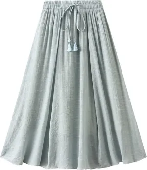 Womens Hot Drawstring Midi Skirt 2024 Summer Cotton Linen Skirts Casual High Waist Swing Skirt Beach Vacation Outfits