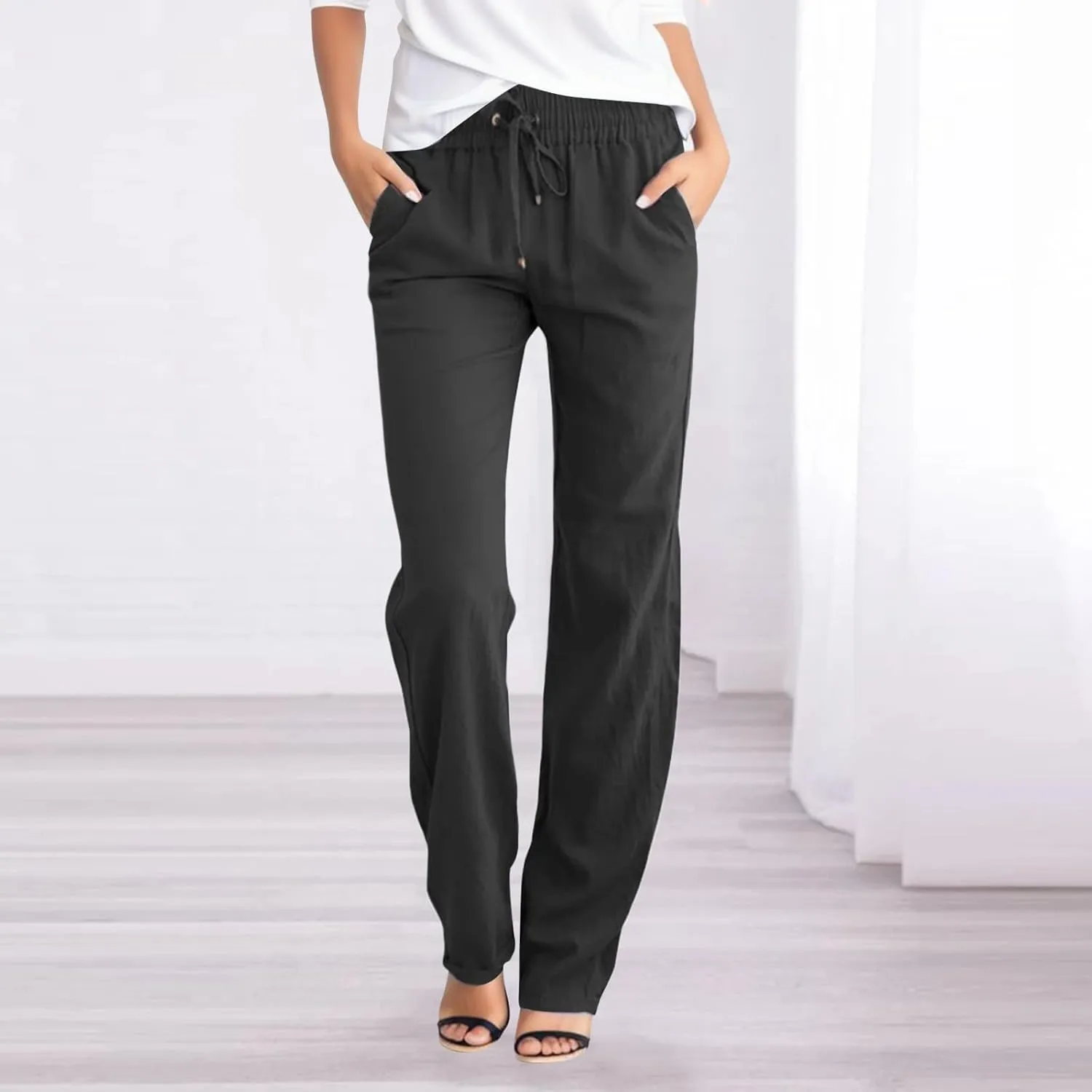 Women's Linen Blend Summer Boho Pant Trousers Elastic Waist Bootcut Slim Fit Pant Trousers Vacation