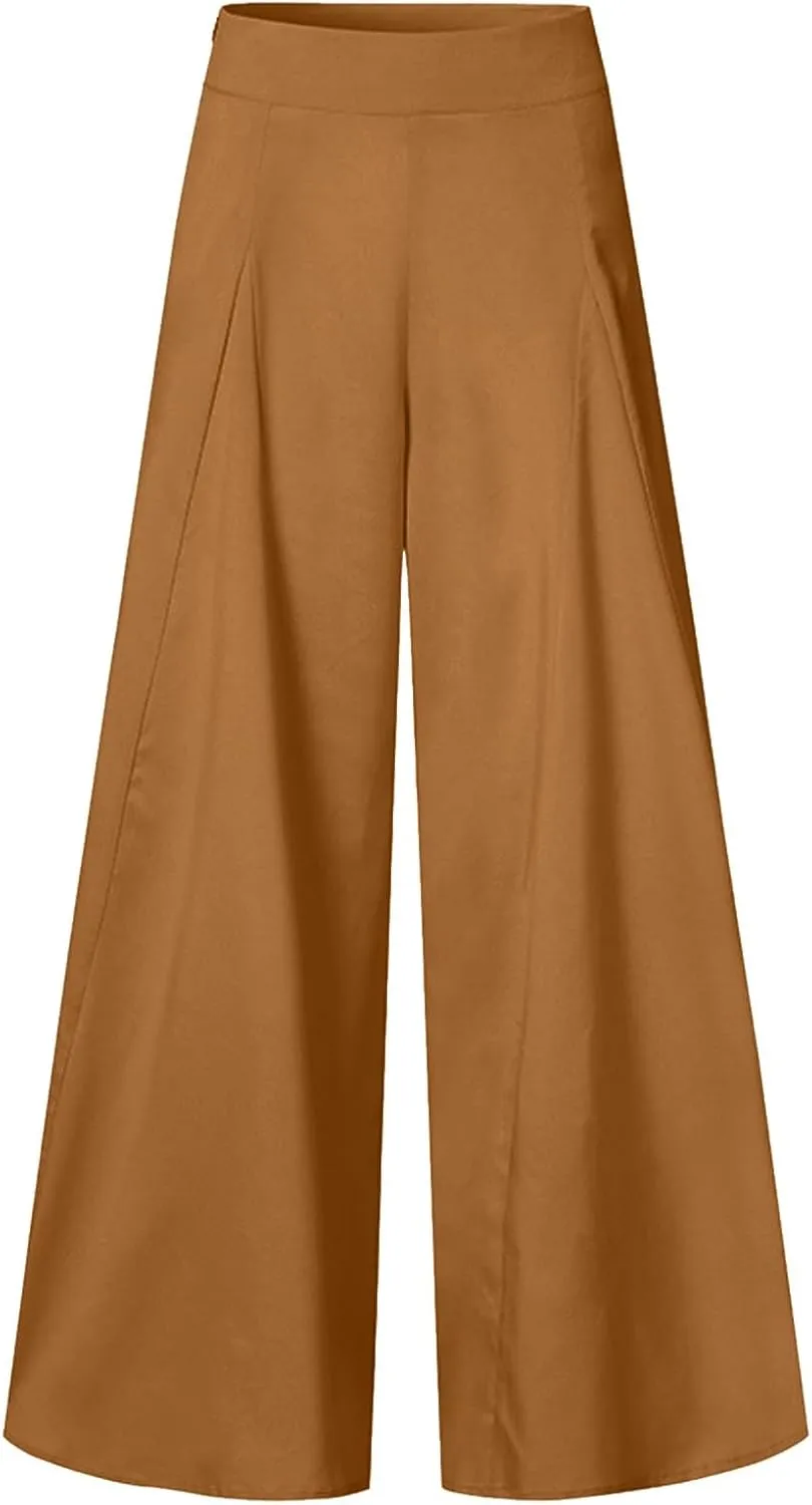 Womens Linen Blend Summer Comfy Pants Elastic Waist Lounge Pants Slim-Fit Palazzo Lounge Pants Vacation