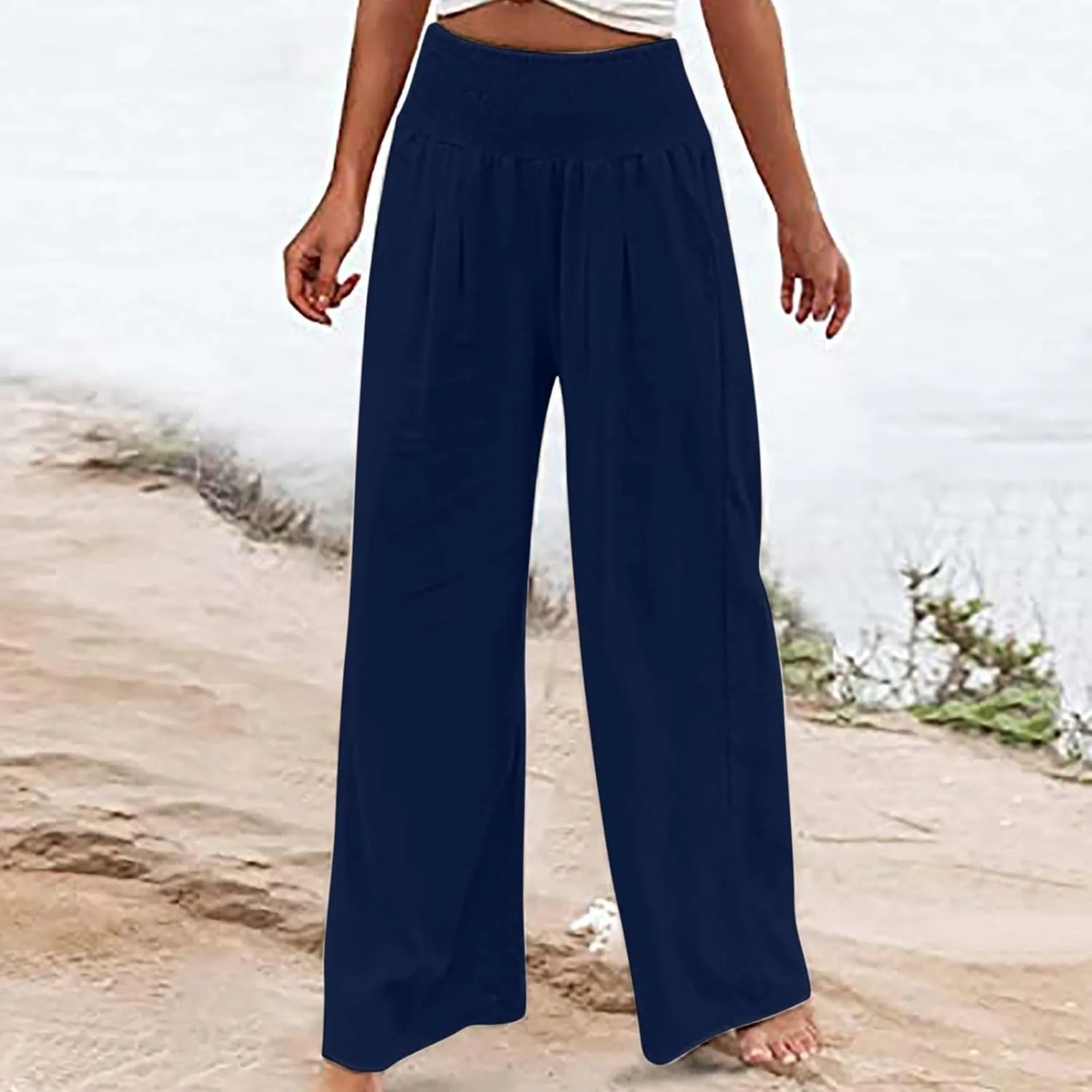 Womens Linen Blend Summer Palazzo Palazzo Lounge Pants Low Waist Straight Loose Fit Palazzo Pants Beach