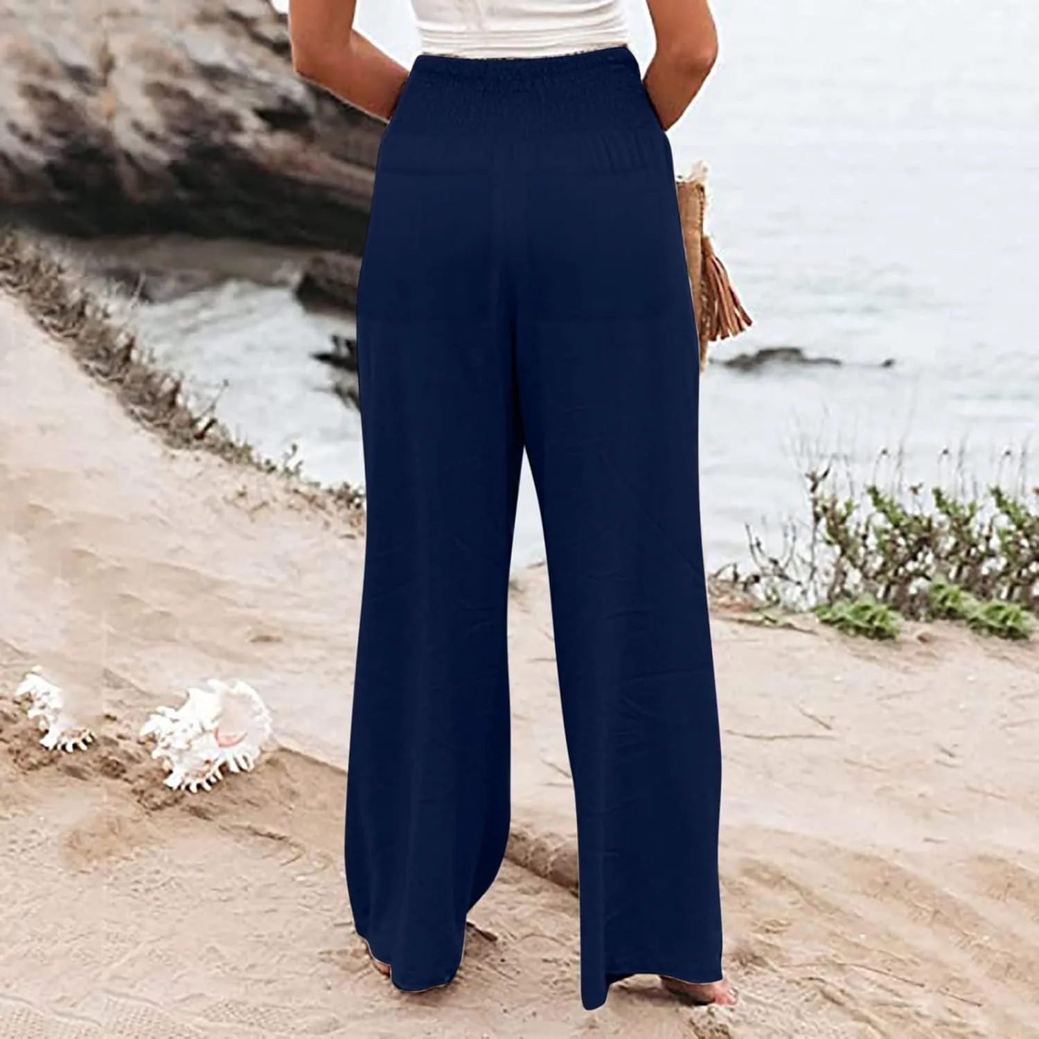 Womens Linen Blend Summer Palazzo Palazzo Lounge Pants Low Waist Straight Loose Fit Palazzo Pants Beach