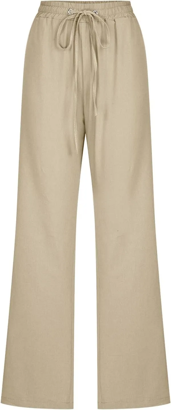 Women's Linen Blend Summer Tie Knot Pant Trousers High Waist Baggy Stretchy Loose Fit Trouser Work Business