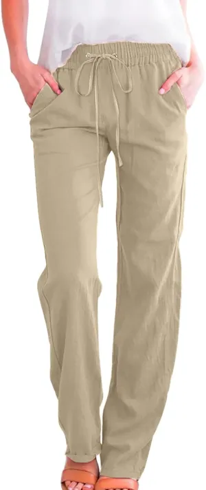 Women's Linen Blend Summer Tie Knot Pant Trousers High Waist Baggy Stretchy Loose Fit Trouser Work Business