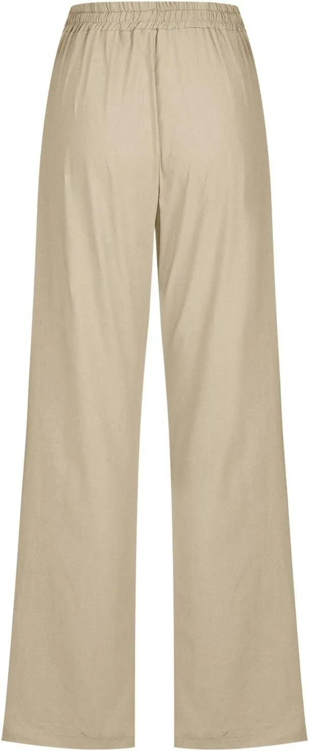 Women's Linen Blend Summer Tie Knot Pant Trousers High Waist Baggy Stretchy Loose Fit Trouser Work Business