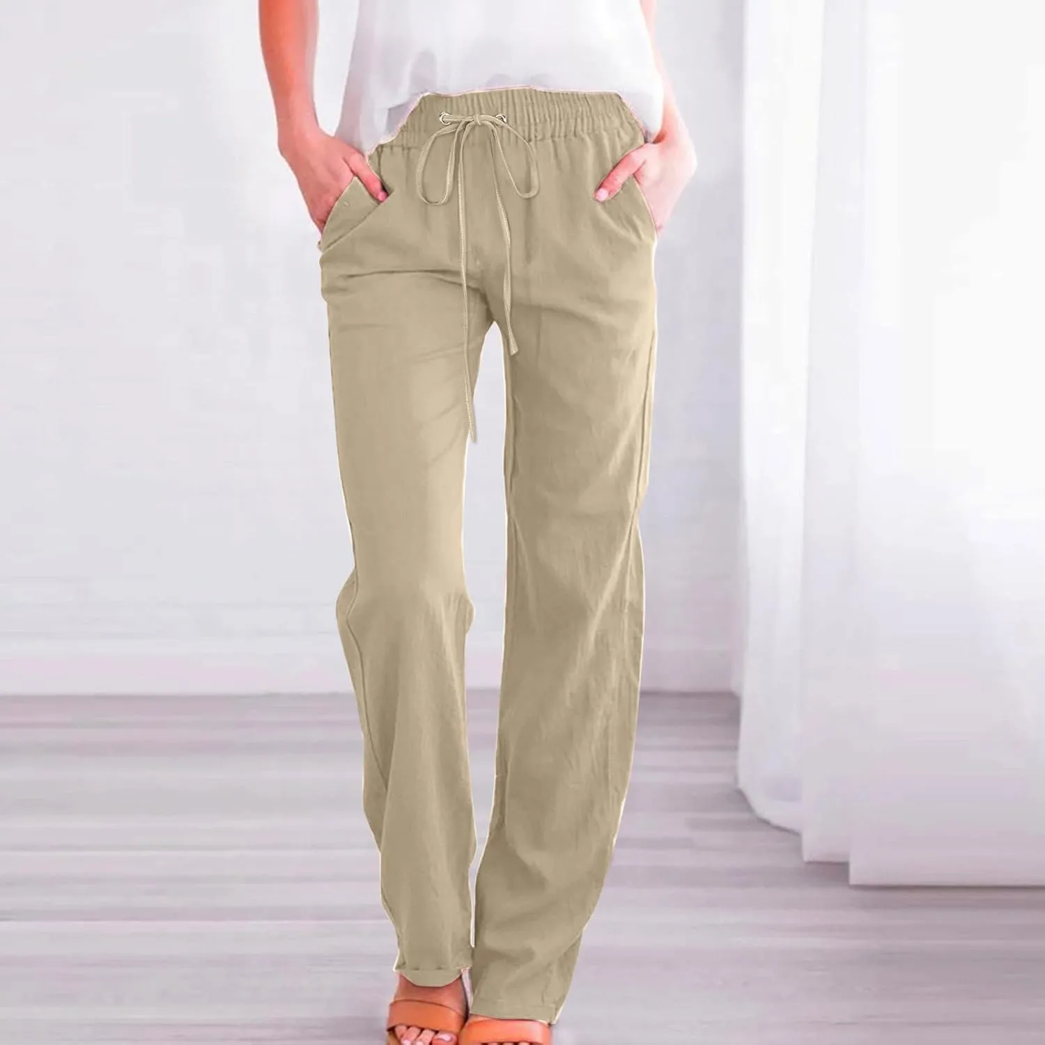 Women's Linen Blend Summer Tie Knot Pant Trousers High Waist Baggy Stretchy Loose Fit Trouser Work Business