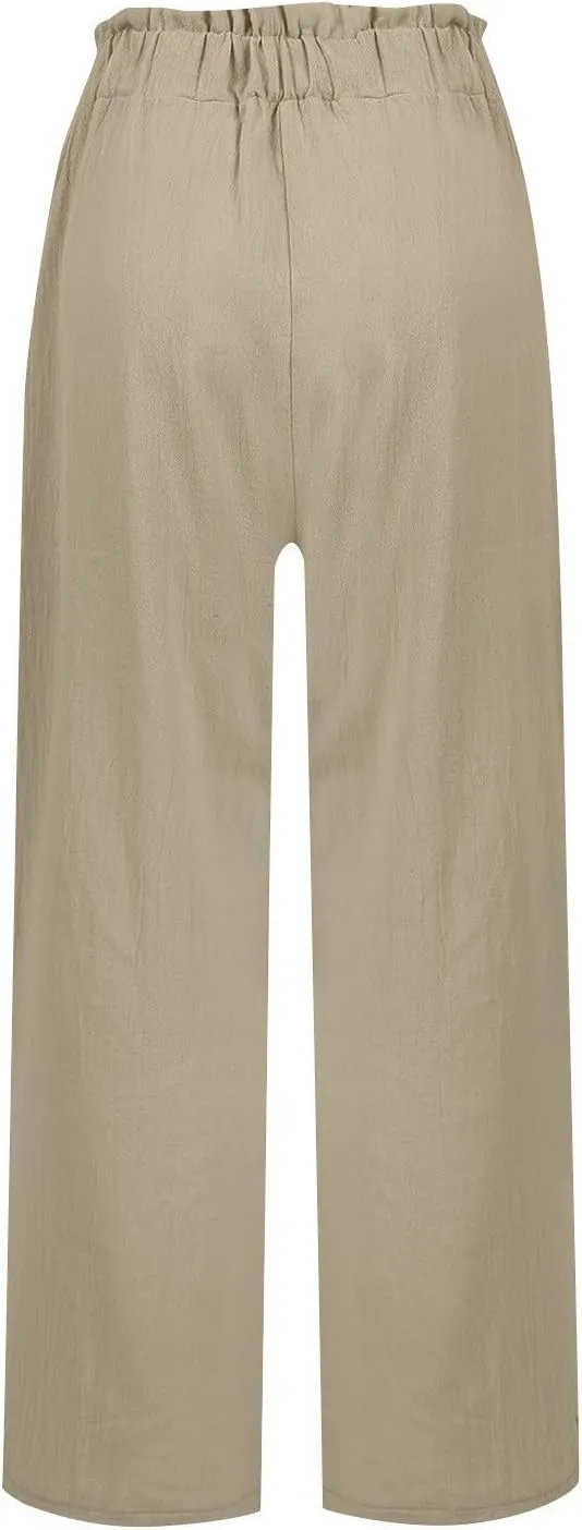 Womens Linen Capri Pants Summer Straight Capris Ruffle Palazzo Trouser Flowy Boho Beach Slacks Clothes Lounge Bottoms
