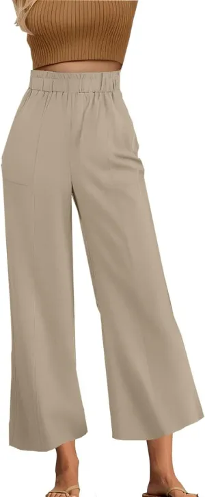 Womens Linen Capri Pants Summer Straight Capris Ruffle Palazzo Trouser Flowy Boho Beach Slacks Clothes Lounge Bottoms