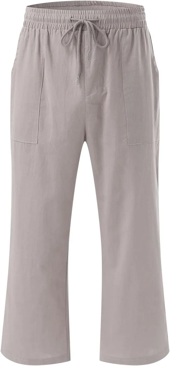 Women's Linen Capri Pants with Drawstring Drawstring Elastic Trousers Comfy Straight Leg Long Pants with Pockets