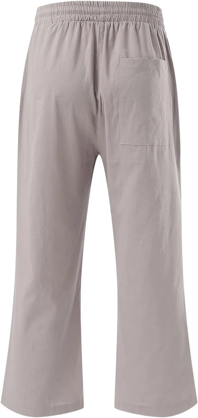 Women's Linen Capri Pants with Drawstring Drawstring Elastic Trousers Comfy Straight Leg Long Pants with Pockets