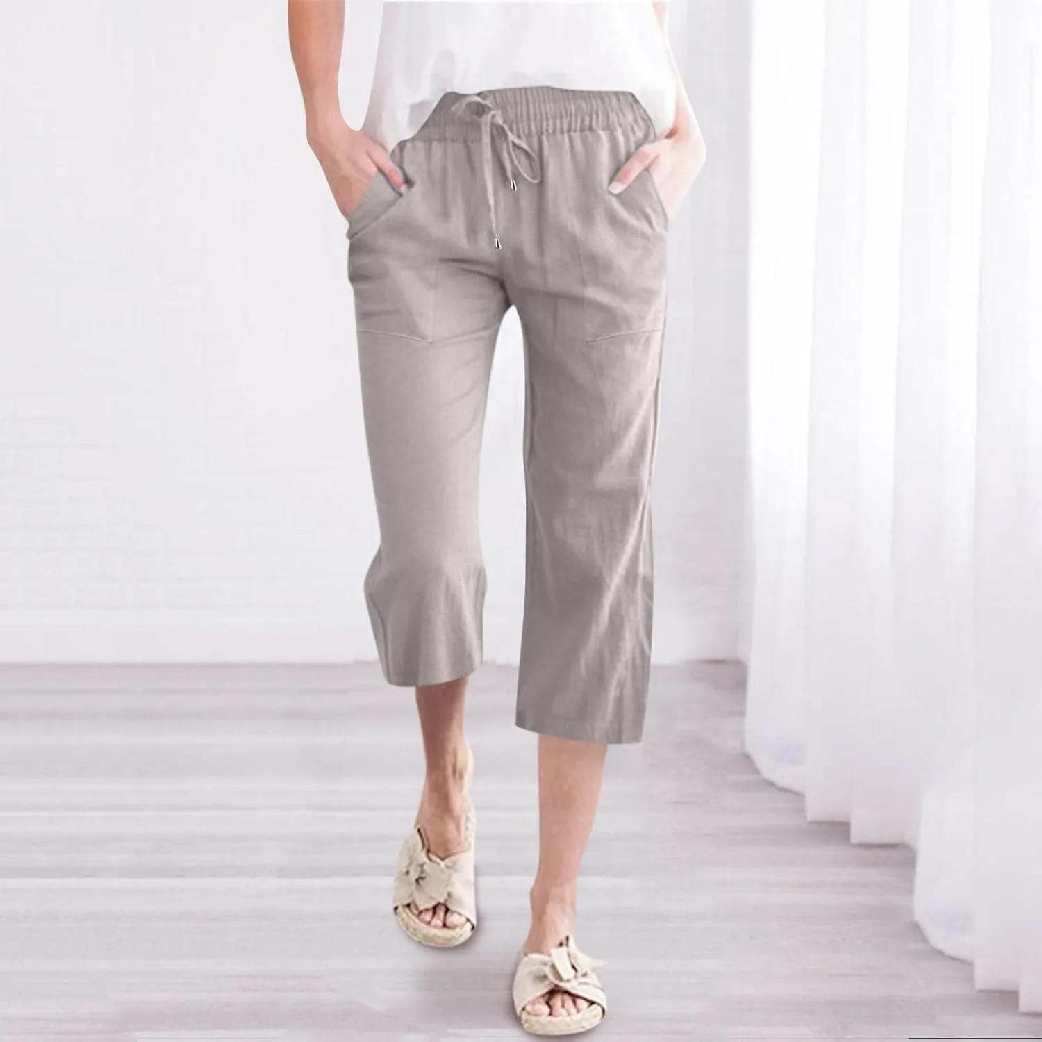 Women's Linen Capri Pants with Drawstring Drawstring Elastic Trousers Comfy Straight Leg Long Pants with Pockets