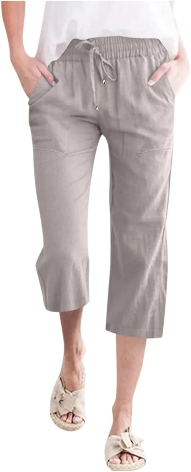 Women's Linen Capri Pants with Drawstring Drawstring Elastic Trousers Comfy Straight Leg Long Pants with Pockets