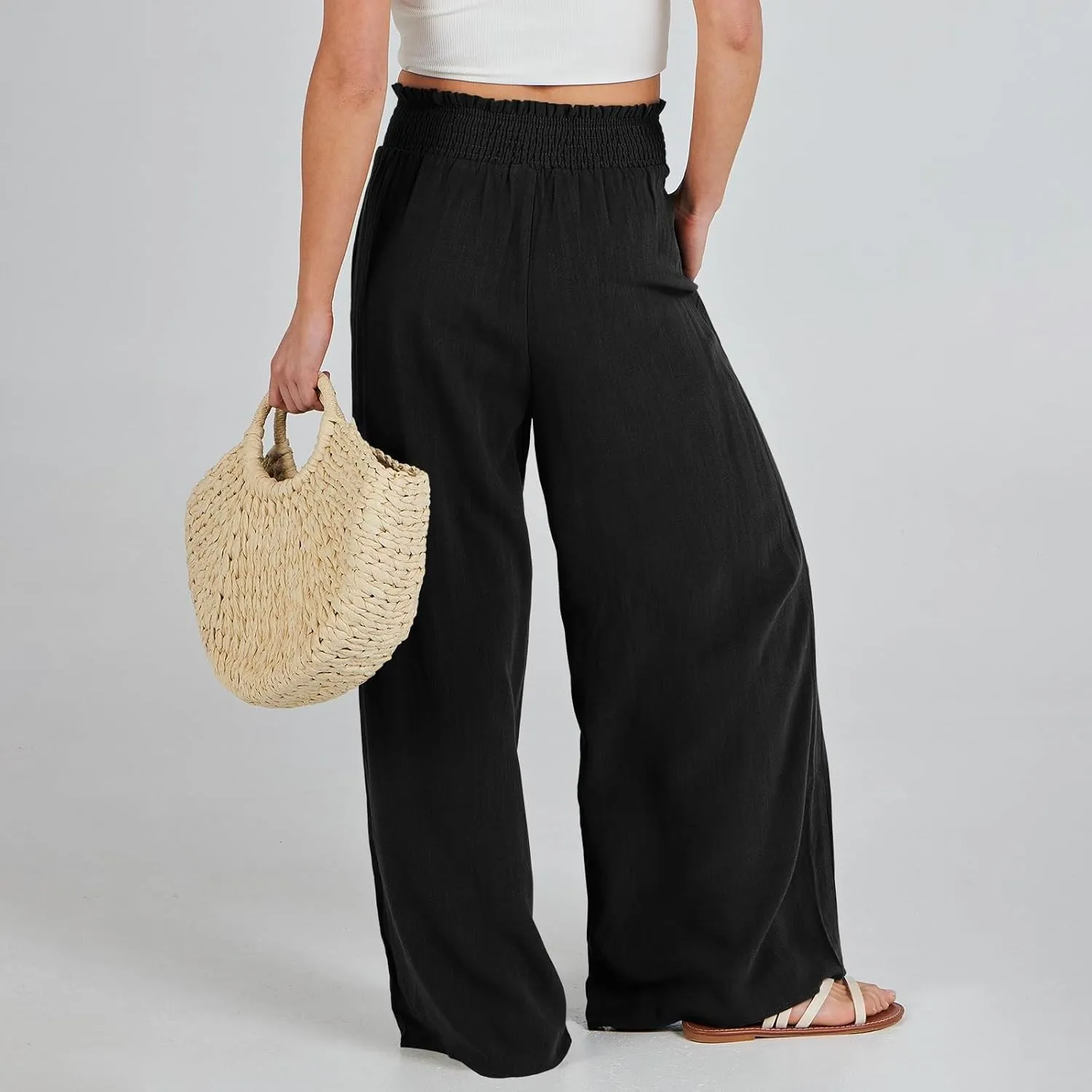 Womens Linen Pants 2025 Summer Casual High Waisted Wide Leg Pants Lightweight Flowy Beach Palazzo Pants with Pockets