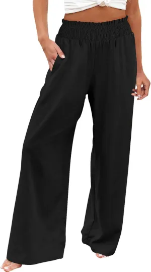 Womens Linen Pants 2025 Summer Casual High Waisted Wide Leg Pants Lightweight Flowy Beach Palazzo Pants with Pockets