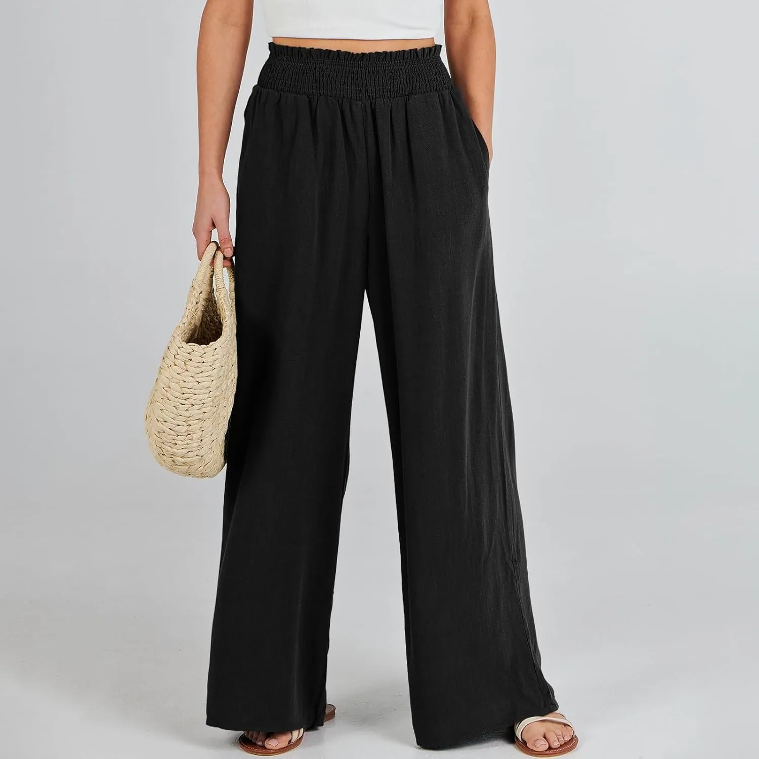 Womens Linen Pants 2025 Summer Casual High Waisted Wide Leg Pants Lightweight Flowy Beach Palazzo Pants with Pockets