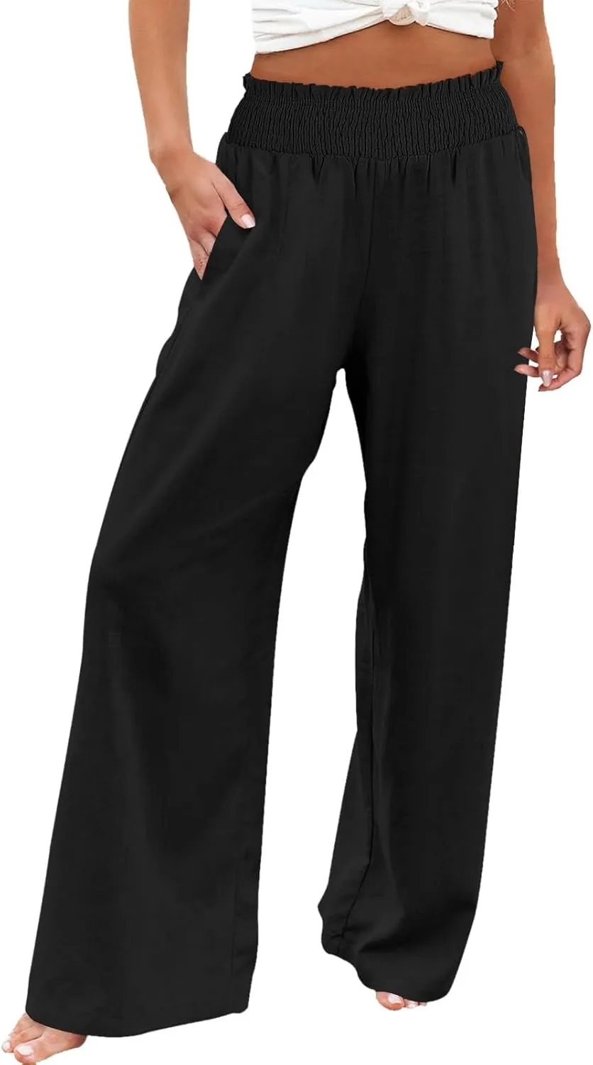 Womens Linen Pants 2025 Summer Casual High Waisted Wide Leg Pants Lightweight Flowy Beach Palazzo Pants with Pockets