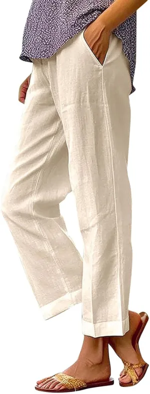 Women's Linen Pants Solid Elastic Pants Long Drawstring Linen Women Waist Cotton Casual Business Work Casual