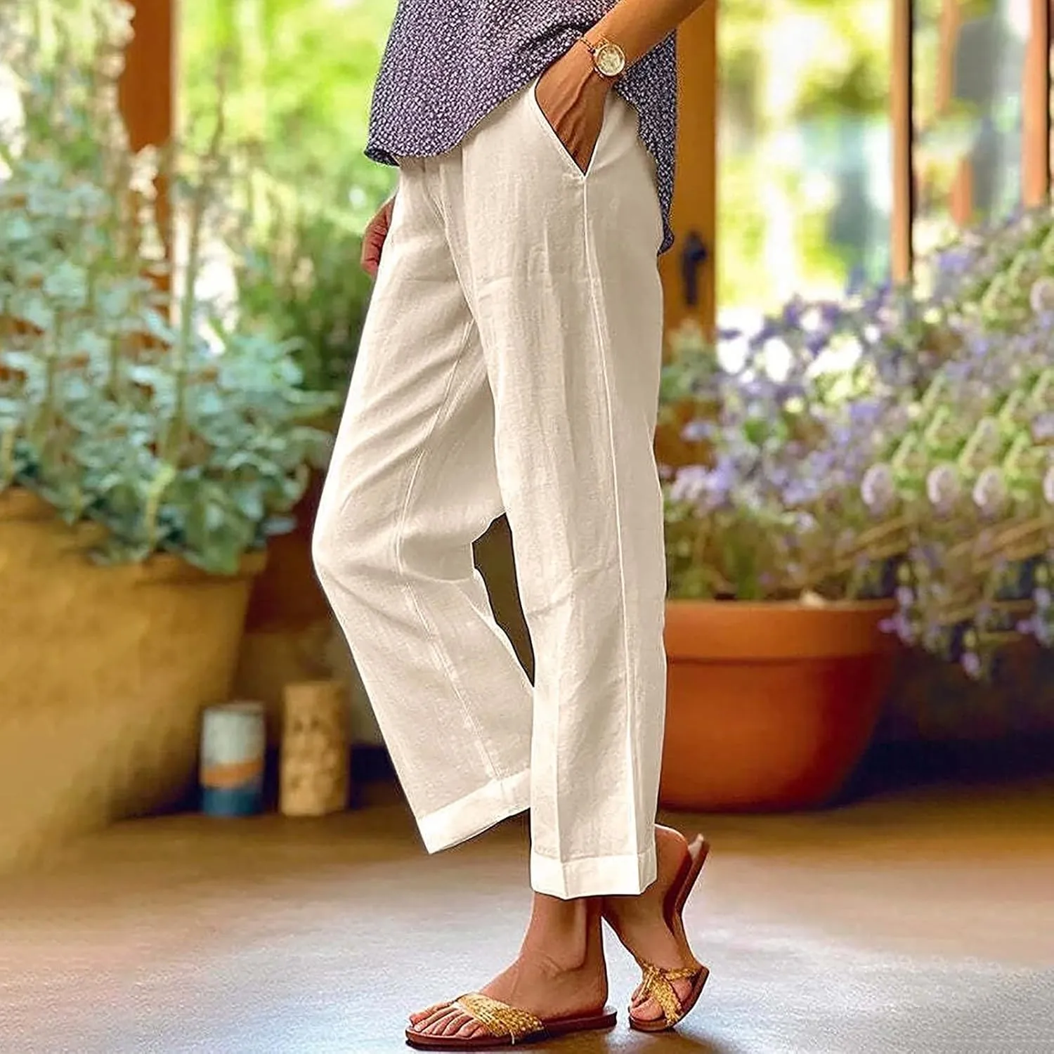 Women's Linen Pants Solid Elastic Pants Long Drawstring Linen Women Waist Cotton Casual Business Work Casual
