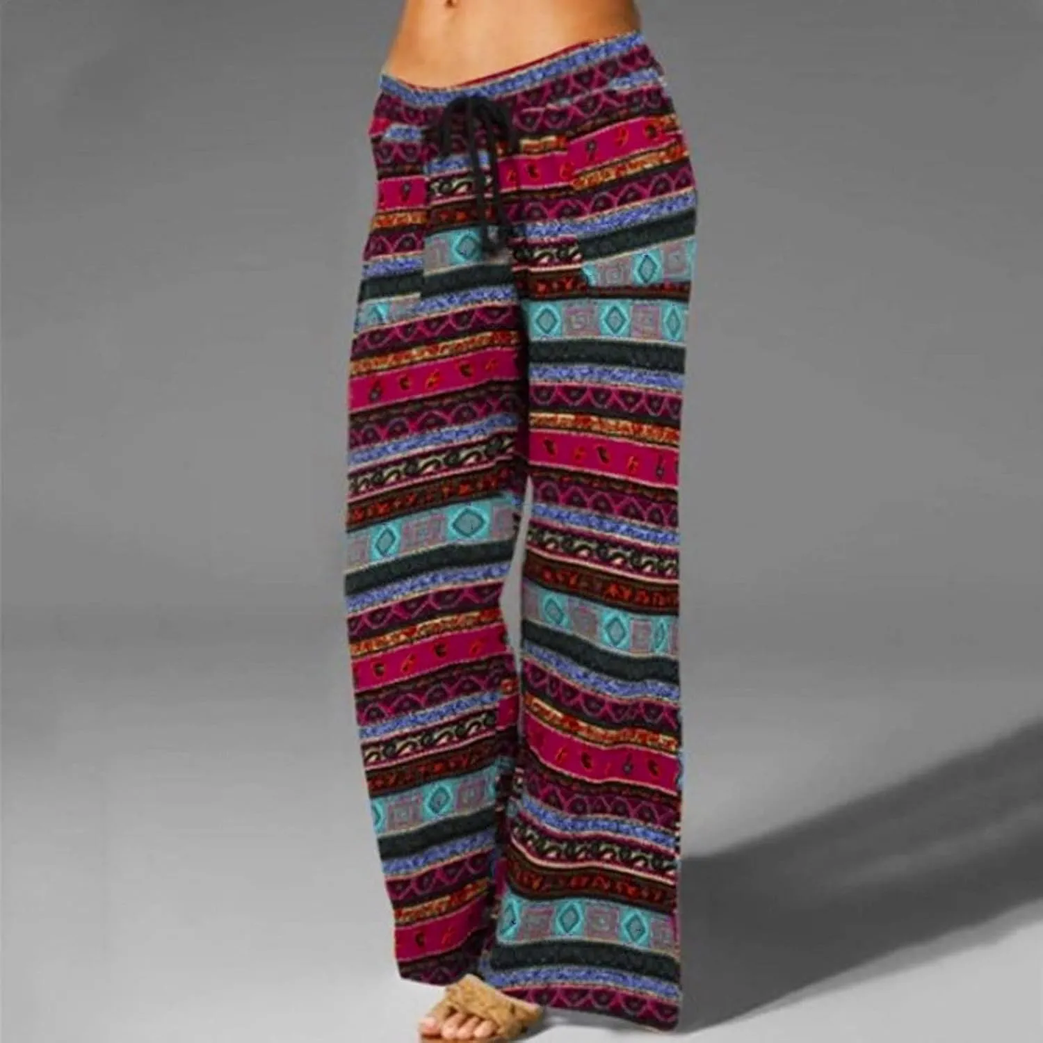 Womens Linen Pants Wide Leg Pockets Elastic Belt Waist Pants Long Trousers Crop Linen Pants for Women
