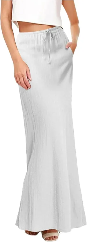 Womens Linen Skirt ummer Casual Maxi Skirt Drawstring Low Rise A-Line Flowy Boho Beach Vacation Outfits