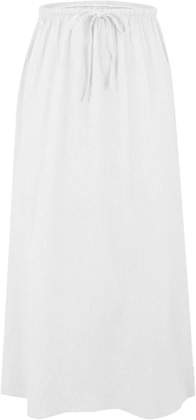 Womens Linen Skirt ummer Casual Maxi Skirt Drawstring Low Rise A-Line Flowy Boho Beach Vacation Outfits