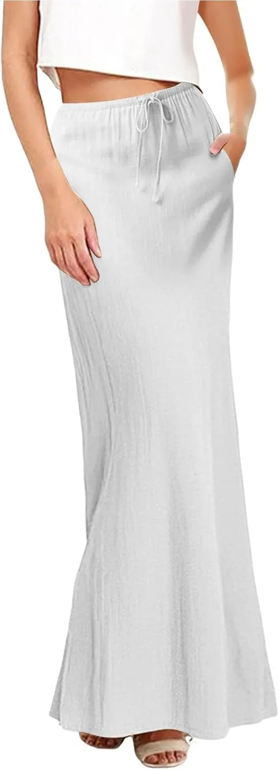Womens Linen Skirt ummer Casual Maxi Skirt Drawstring Low Rise A-Line Flowy Boho Beach Vacation Outfits