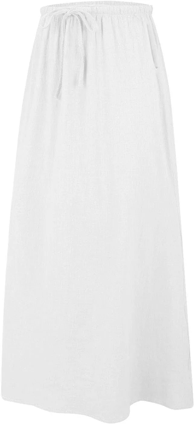 Womens Linen Skirt ummer Casual Maxi Skirt Drawstring Low Rise A-Line Flowy Boho Beach Vacation Outfits